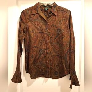 RALPH LAUREN Brown Paisley Button Down Blouse with Bell Sleeves- Size M